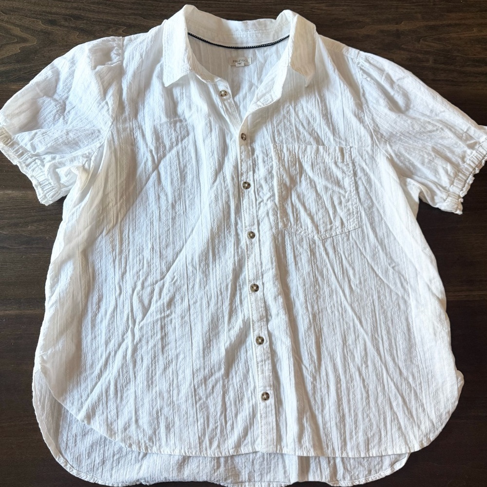 Pilcro Anthropologie White Textured Button-Down Blouse – Short Sleeve Cotton Top